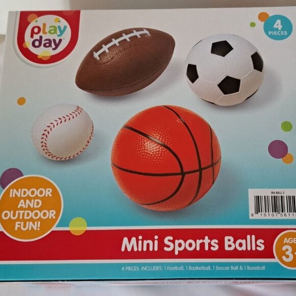 Play Day Mini Sports Balls, 4-Pack,Rubber Baseball, Basketball, Football, Soccer - Picture 1 of 3